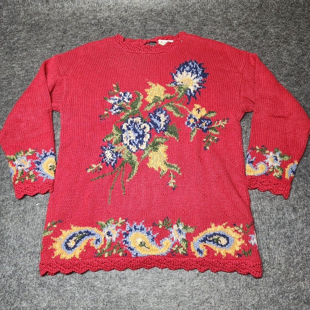Marisa Christina Vtg Red Floral Flowers Scalloped Edge Sweater Large Hand Knit